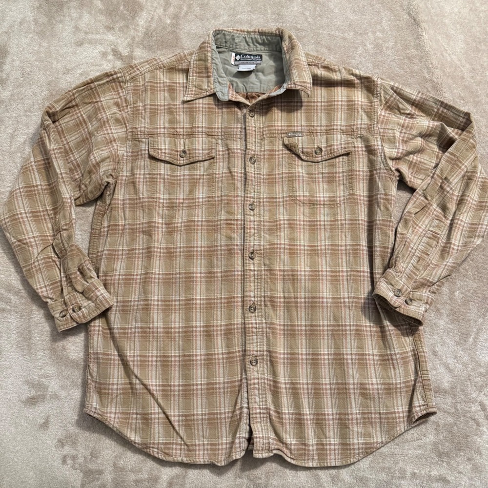 Columbia Sportswear XCO Mens XL Plaid Button Down Shirt Tan Orange